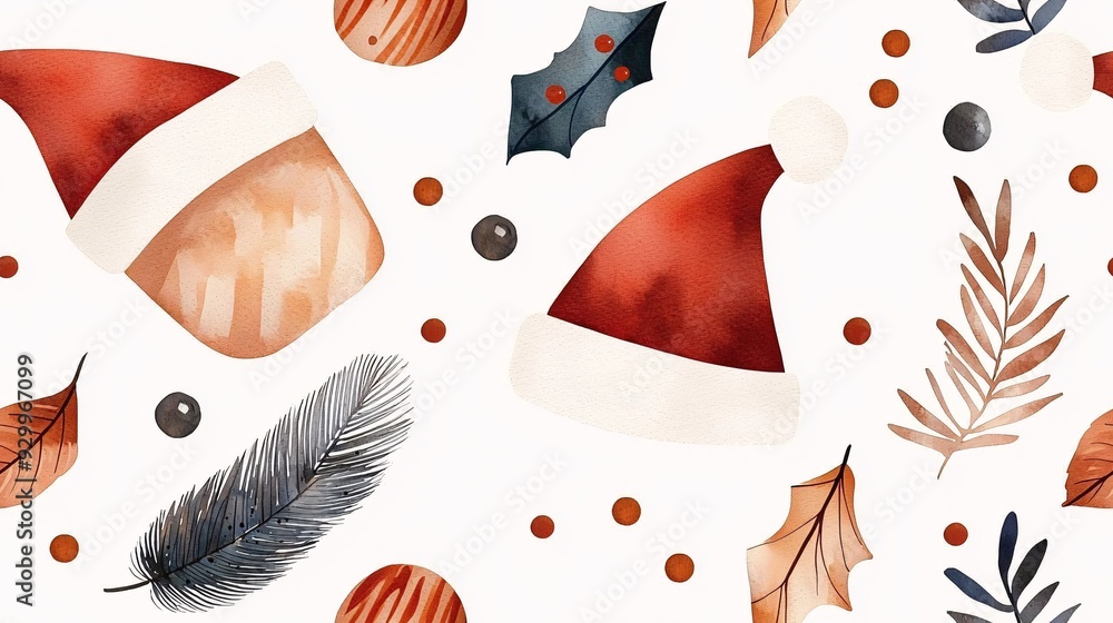 Naklejka premium Seamless Pattern Watercolor Christmas Cheer: A festive pattern of Santa hats, holly, ornaments, and winter foliage. 