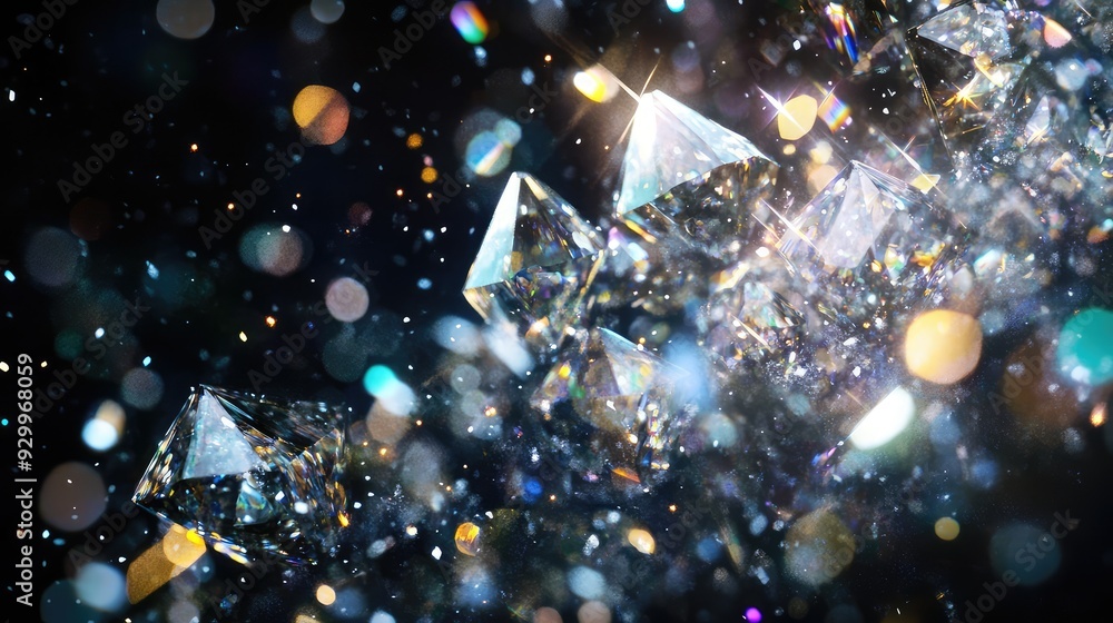 A dreamy, abstract composition of sparkling crystal fragments arranged in a mesmerizing pattern against a dark background. A dreamy, abstract composition of sparkling crystal fragments arranged in a mesmerizing pattern against a dark background.