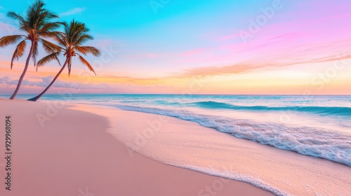 Wallpaper Mural A beach with two palm trees on the shore of a body of water, AI Torontodigital.ca