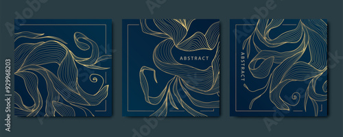 Vector set of floral gold patterns, luxury leaf, flower cards, square line plant vintage ornament. 