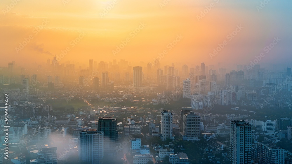 Fototapeta premium Golden Sunrise Over Hazy Cityscape With Towering Buildings and Urban Vibe