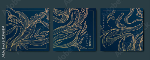 Vector set of floral gold patterns, luxury leaf, flower cards, square line plant vintage ornament. 