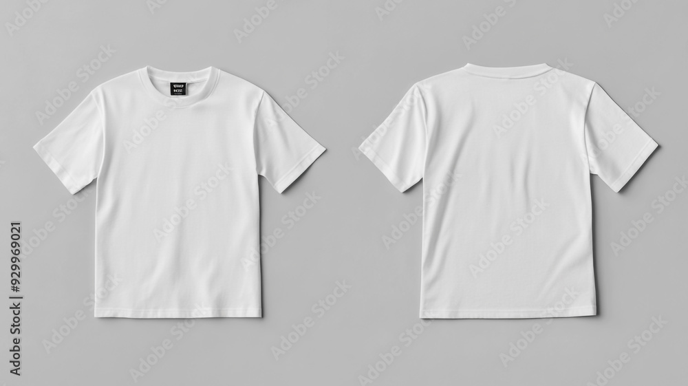 Front and Back View of Blank White T-Shirt in Flat Lay Mockup for Clothing Design Front and Back View of Blank White T-Shirt in Flat Lay Mockup for Clothing Design