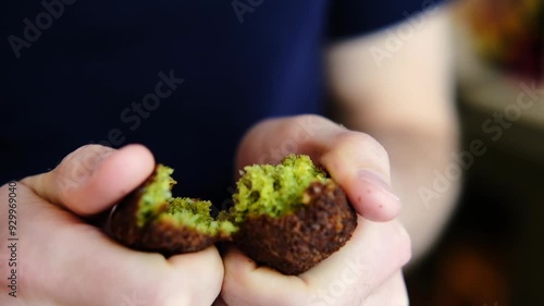 Fresh fried falafel in section. Softness of falafel. 4k video, close angle
