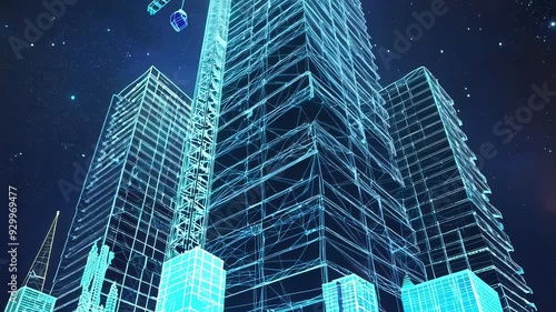 Nighttime Glimpse into the Future Urban Skyscrapers Illuminated by Digital Light