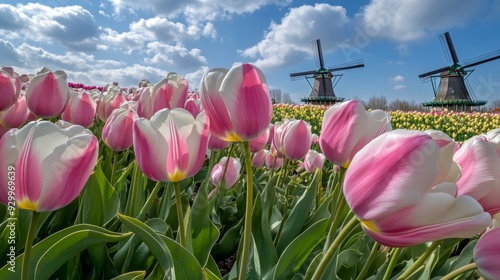 The windmill and tulip flower garden in the springtime landscape with the sun shining on the colorful tulip field and blue sky background.