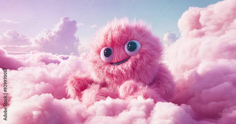 Сute pink monster sits on the clouds. and dreaming. Children's concept. Сute pink monster sits on the clouds. and dreaming. Children's concept.