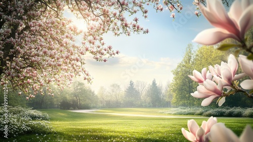 A serene landscape featuring blooming magnolia trees and a lush green field under soft sunlight.