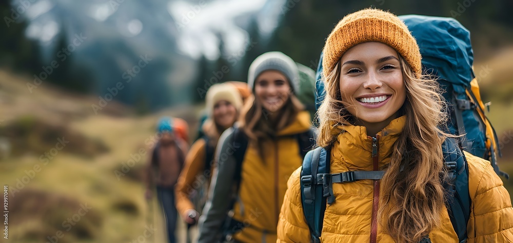 Joyful Friends Embrace the Thrill of Hiking in Majestic Mountains Amidst Nature's Breathtaking Beauty Joyful Friends Embrace the Thrill of Hiking in Majestic Mountains Amidst Nature's Breathtaking Beauty