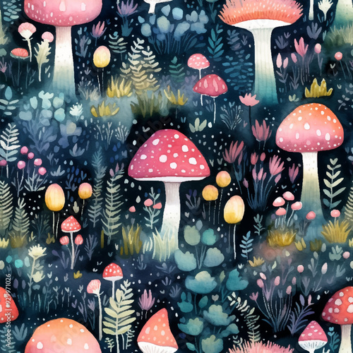Enchanting watercolor seamless pattern featuring whimsical mushrooms in various shapes and sizes, nestled among vibrant leafy trees. Vector art touch of magic to packaging, invitations, fabric