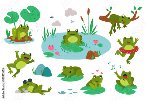 Cartoon frog. Green frogs on pond or swamp. Toads in love, sleeping singing swimming. Happy cute childish mascots, amphibian classy vector characters