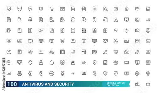 Antivirus and Security icons in line style. Collection and pack of linear web and ui icons. Editable stroke. Vector illustration.