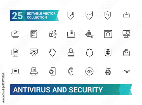Antivirus and Security icons in line style. Collection and pack of linear web and ui icons. Editable stroke. Vector illustration.