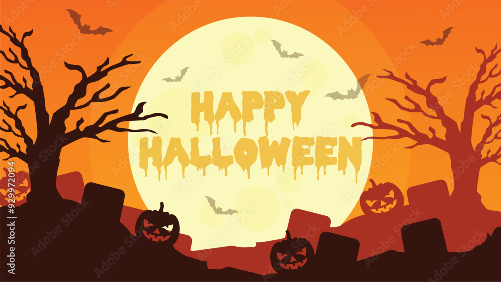 vector halloween banner with moon, bat, grave and pumpkin silhouette vector halloween banner with moon, bat, grave and pumpkin silhouette