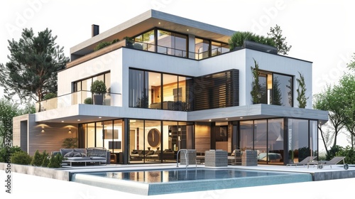 3d rendering of modern house by the river at morning, house, luxury, villa, modern, architecture, building, exterior, residential, property, designer