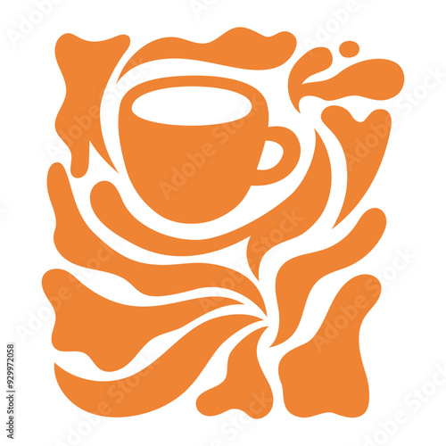 Vector illustration in simple wavy and groovy naive style, flowers and plants and coffee cup, floral botanic hand drawn design template