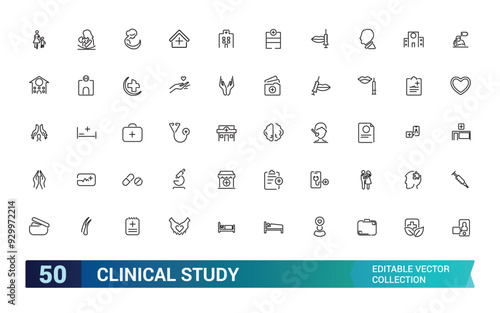 Clinical study and research line icon set. Collection and pack of linear web and ui icons. Editable stroke. Vector illustration.