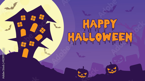 Vector Halloween banner with pumpkin, grave, bat and castle silhouette