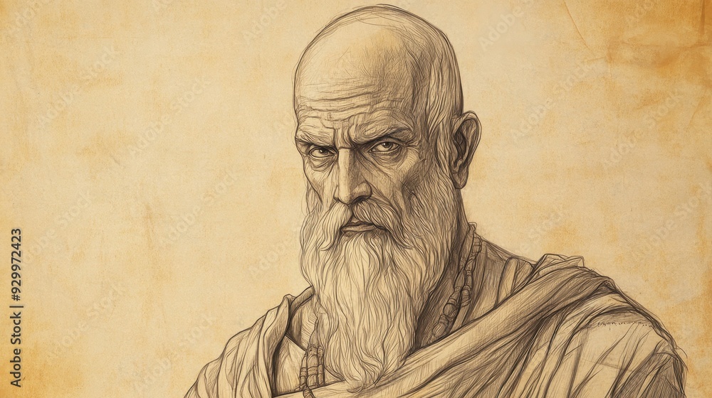 Fototapeta premium Biblical Illustration of Bildad’s Second Speech - Bildad with Serious Expression, Describing the Fate of the Wicked as Withering Papyrus Without Water, Beige Background