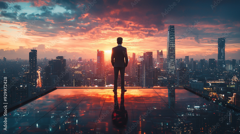 A businessman standing on a rooftop at sunset, glowing city plan A businessman standing on a rooftop at sunset, glowing city plan