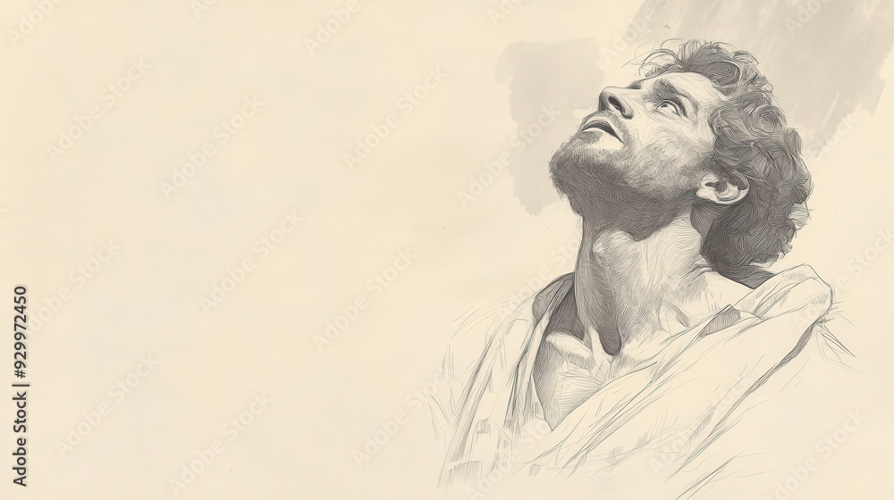Fototapeta premium Biblical Illustration of Job’s Emotional Plea to Heaven - Job Gazing Upward, Demanding an Explanation from God with Trembling Voice, Beige Background