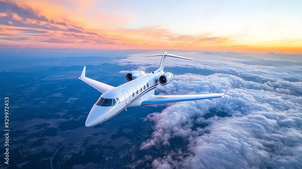 Fototapeta premium A luxury private jet soaring above the clouds during a vibrant sunset, showcasing elegance and freedom in air travel. Luxurious Airline First-Class Cabin .
