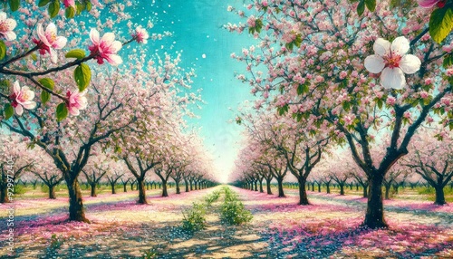 A mesmerizing spring orchard with rows of blossoming pink cherry trees under a bright blue sky, petals gently falling, capturing the essence of renewal and natural beauty in a serene landscape.