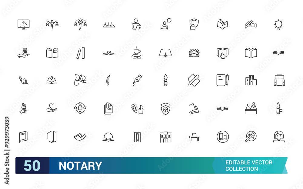 Set of line notary Icons. Collection and pack of linear web and ui icons. Editable stroke. Vector illustration. Set of line notary Icons. Collection and pack of linear web and ui icons. Editable stroke. Vector illustration.