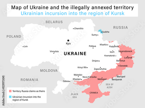 Map of Ukraine with illegally russian annexed territory border and Kursk Ukrainian incursion, August 2024. Vector map with Ukrainian incursion into the region of Kursk