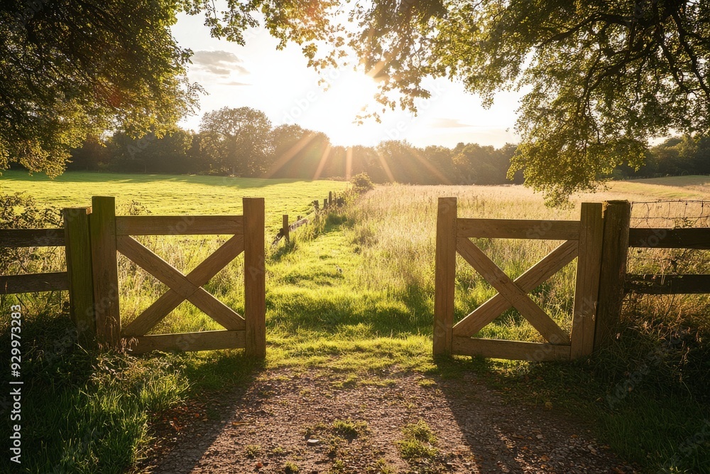 Two wooden gates in the foreground of an open field with trees and sunlight.