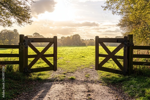 Two wooden gates in the foreground of an open field with trees and sunlight.