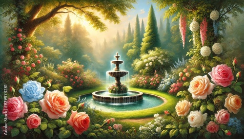 A serene garden with a beautiful fountain surrounded by vibrant roses and lush greenery, capturing the peaceful elegance of a springtime oasis in the heart of nature.