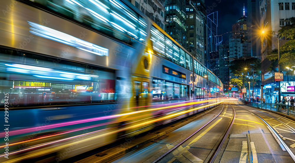 Blurred motion of trains in the city at night, generative ai Blurred motion of trains in the city at night, generative ai