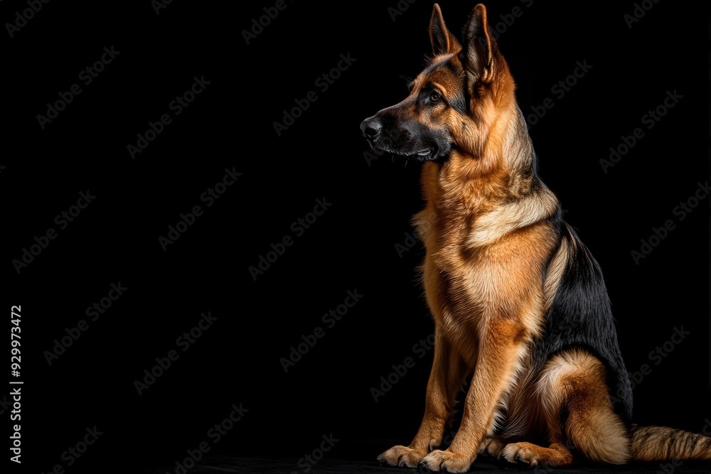 A stunning German Shepherd sits attentively, showcasing its striking coat and alert expression in a dark setting. A stunning German Shepherd sits attentively, showcasing its striking coat and alert expression in a dark setting.