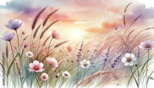 A serene meadow at sunset, with soft pastel colors and wildflowers swaying in the gentle breeze, capturing the tranquil beauty and peacefulness of a spring evening in nature.