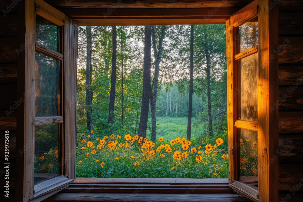 Fototapeta premium Forest Clearing with Wildflowers Through a Cabin Window