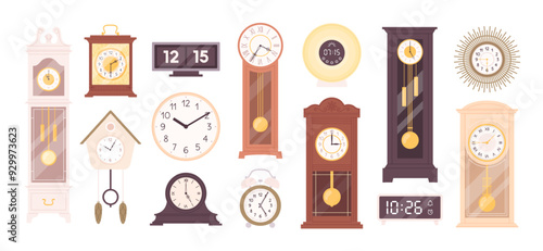 Different cartoon clocks. Retro style mechanical watches, modern digital electric clock. Vintage time measuring elements, racy vector clipart