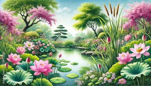 A tranquil garden pond surrounded by blooming lotus flowers and lush greenery, capturing the serene beauty and peacefulness of a springtime oasis in nature.