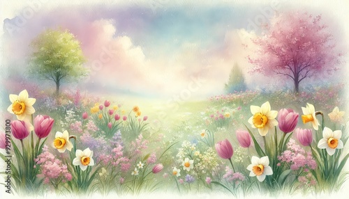 Vibrant spring meadow bursting with colorful wildflowers and lush greenery, with a serene stream winding through, creating a picturesque and peaceful nature scene perfect for a tranquil outdoor escape