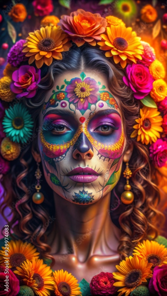 A woman is adorned with intricate Día de los Muertos face paint, which features vibrant, symmetrical patterns and a delicate skull design. A woman is adorned with intricate Día de los Muertos face paint, which features vibrant, symmetrical patterns and a delicate skull design.