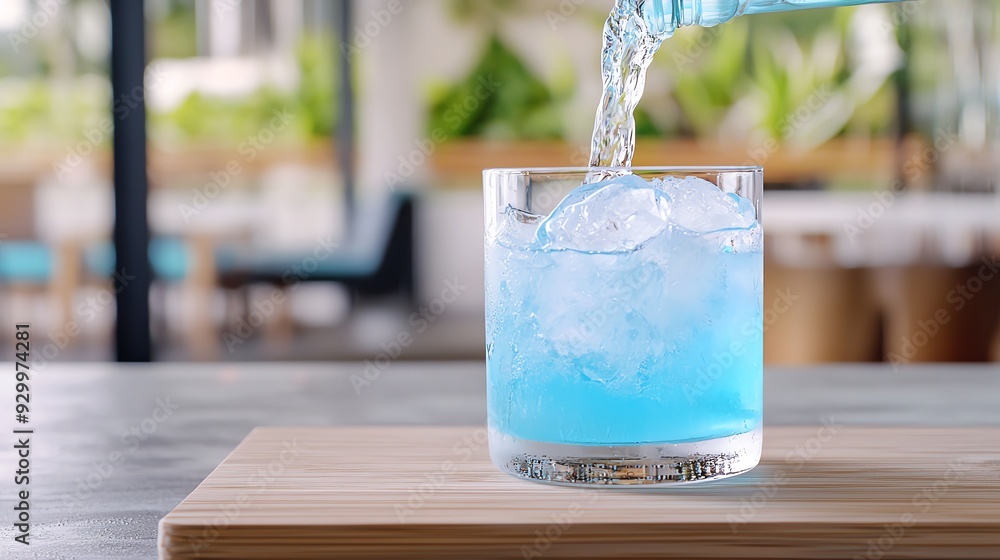 Refreshing blue drink with ice poured into a glass, perfect for summer vibes and cocktails in an elegant setting. Pouring Fresh Drinking Water.