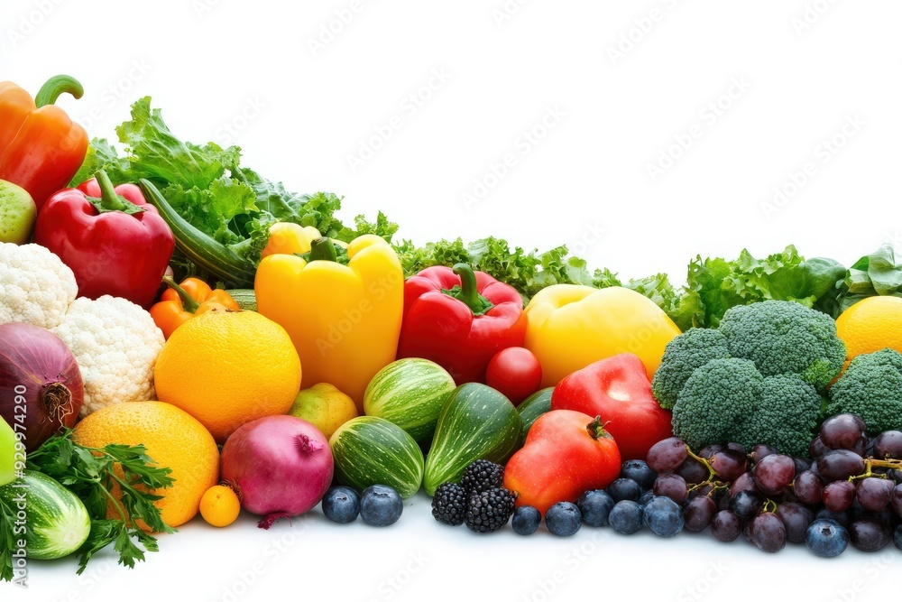 A vibrant collection of freshly harvested fruits and vegetables spreads across a clean backdrop, showcasing natures bounty with vivid colors. A vibrant collection of freshly harvested fruits and vegetables spreads across a clean backdrop, showcasing natures bounty with vivid colors.