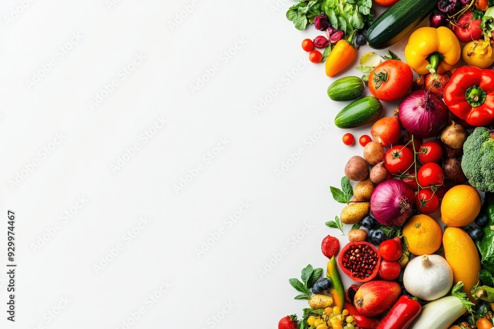 A vibrant assortment of fresh vegetables and fruits is beautifully arranged on a pristine surface, showcasing natures bounty and inviting healthy choices. A vibrant assortment of fresh vegetables and fruits is beautifully arranged on a pristine surface, showcasing natures bounty and inviting healthy choices.
