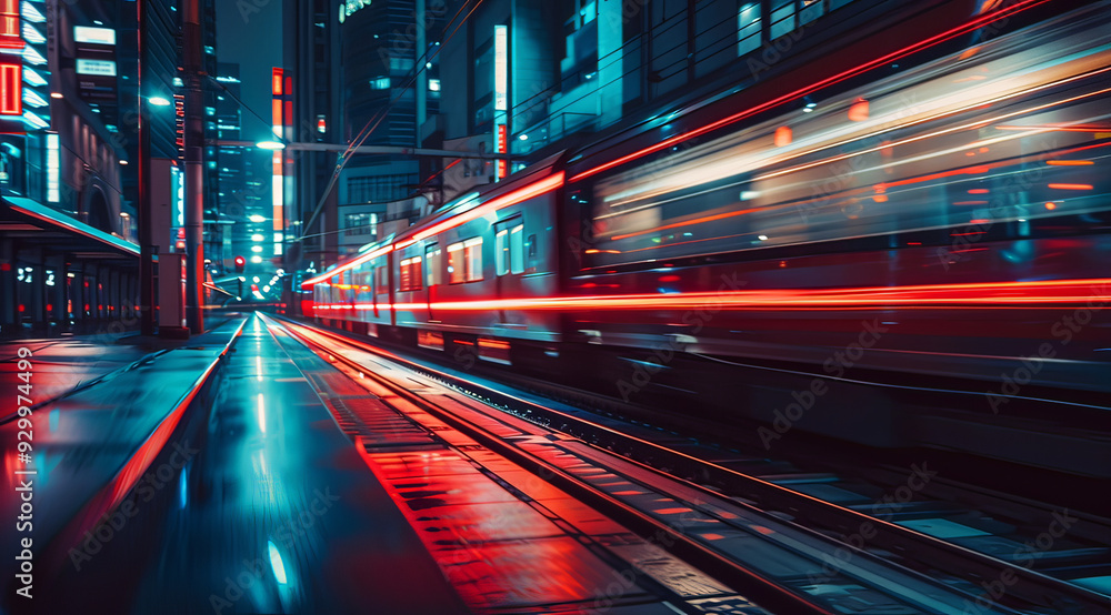 Obraz premium Blurred motion of trains in the city at night, generative ai