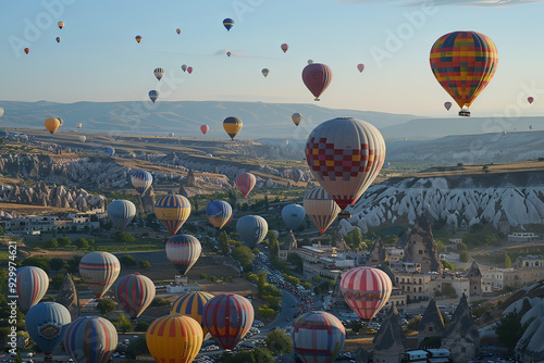 hot air balloon over region country, generative ai photo