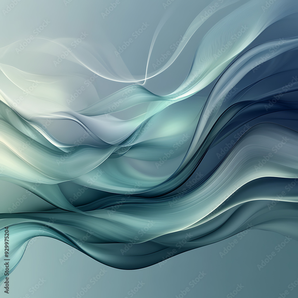 Obraz premium A fluid digital wave background in a calming combination of pastel green, deep navy, and luminous silver.