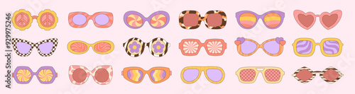 Groovy style sunglasses. Hippie stylish sunglass with decorative trendy frame. Plastic glasses design, eyes sun protect. Eyewears racy vector set