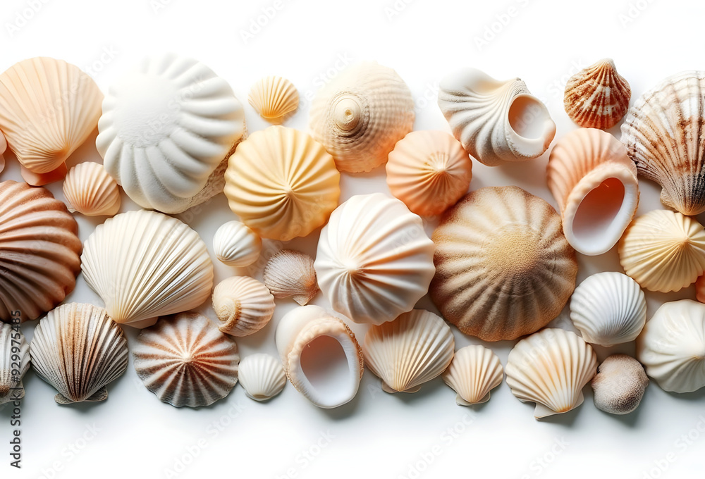Seashells, Diverse Collection of Seashells: Stunning Variety of Ocean Seashells in Different Shapes and Colors on white background Seashells, Diverse Collection of Seashells: Stunning Variety of Ocean Seashells in Different Shapes and Colors on white background