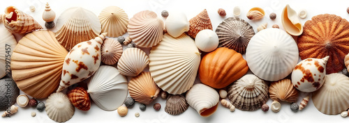 Seashells, Diverse Collection of Seashells: Stunning Variety of Ocean Seashells in Different Shapes and Colors on white background photo