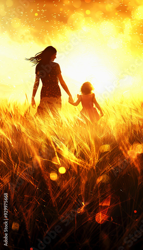 Silhouettes of a Mother and Daughter Walking Through a Golden Field